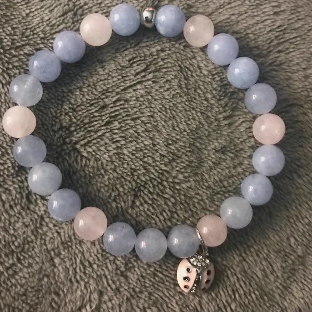 Light blue Jade & rose quartz lady bug bracelet